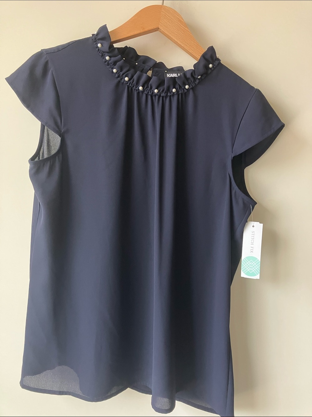 KARL LAGERFELD PARIS Davignon Pearl Neckline Navy Ruffle Cap-Sleeve Blouse M NWT